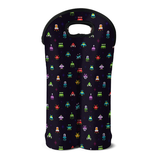 Pixel UFO Aliens Pattern Print Double Neoprene Wine Tote