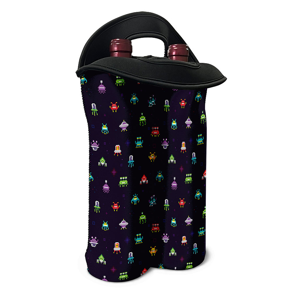 Pixel UFO Aliens Pattern Print Double Neoprene Wine Tote
