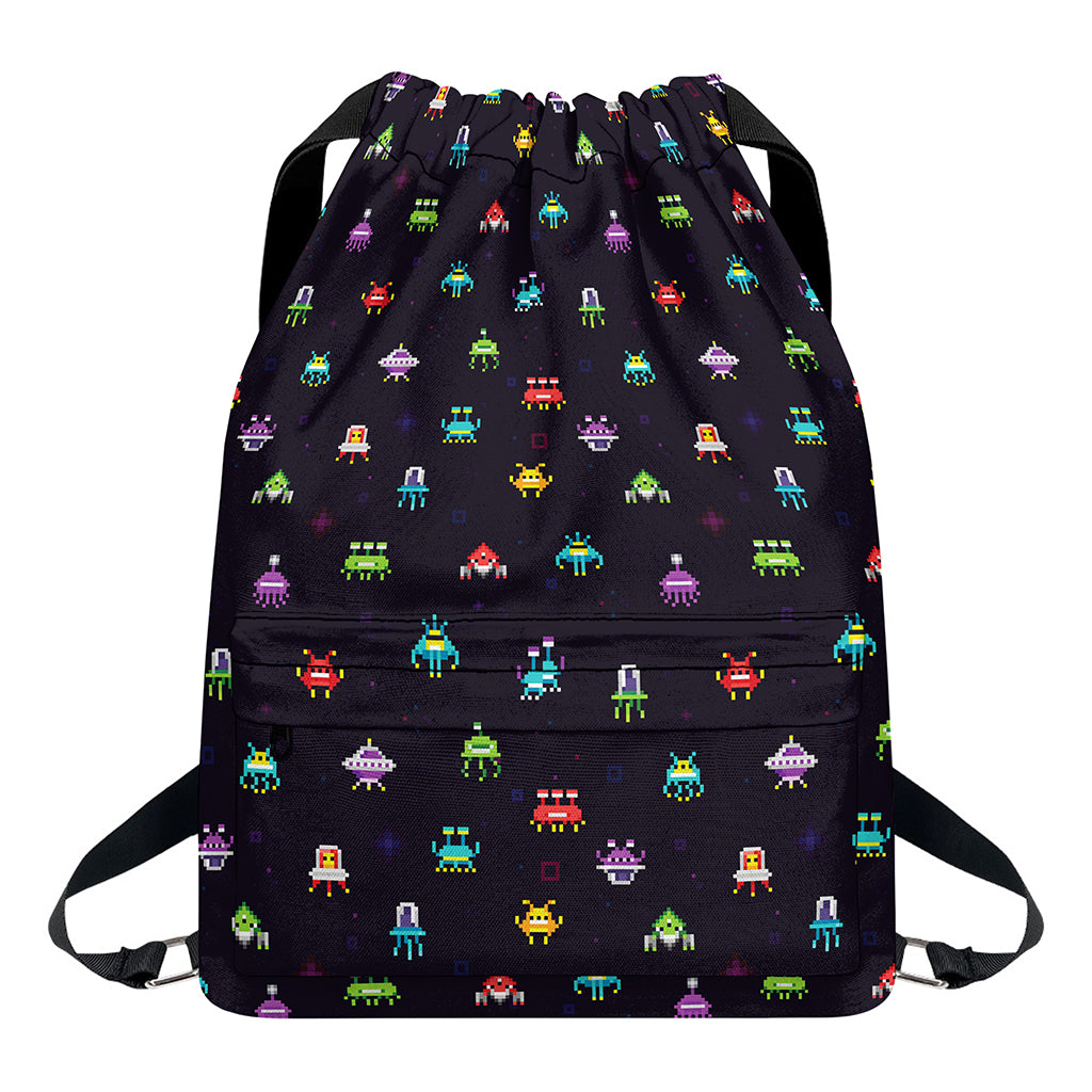 Pixel UFO Aliens Pattern Print Drawstring Backpack