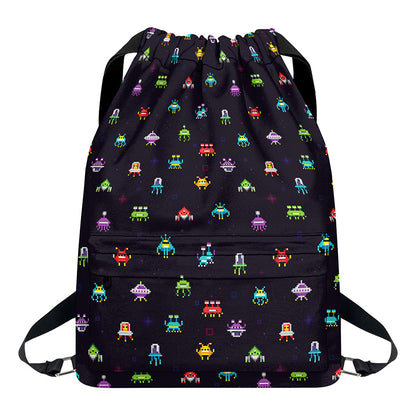 Pixel UFO Aliens Pattern Print Drawstring Backpack
