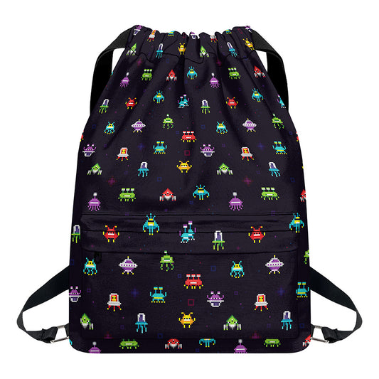Pixel UFO Aliens Pattern Print Drawstring Backpack