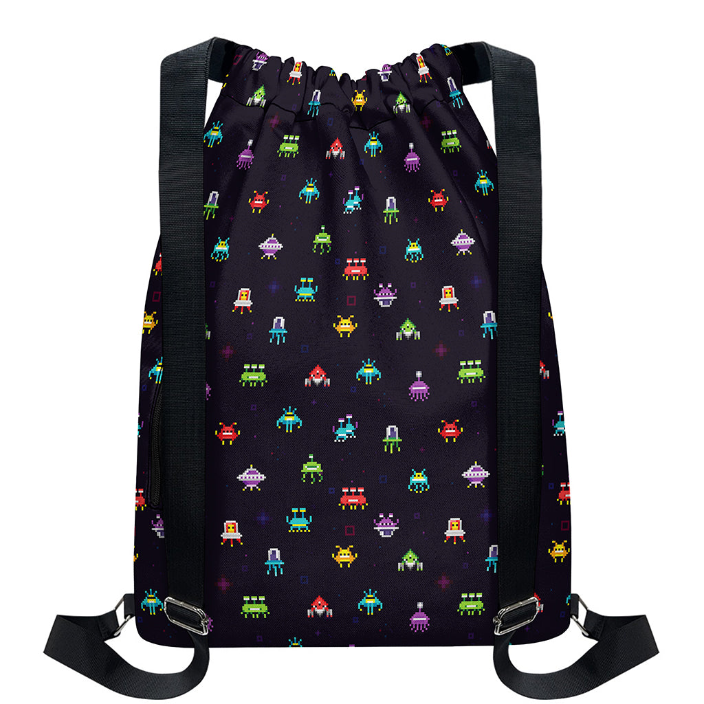 Pixel UFO Aliens Pattern Print Drawstring Backpack