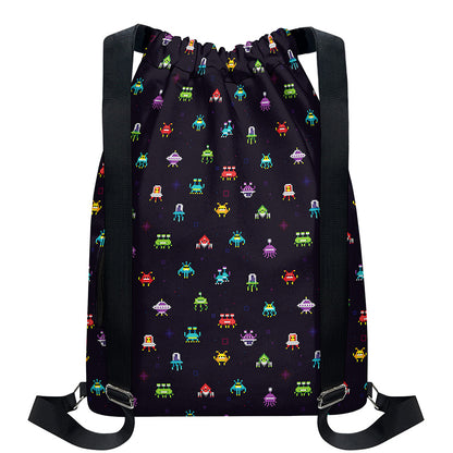Pixel UFO Aliens Pattern Print Drawstring Backpack