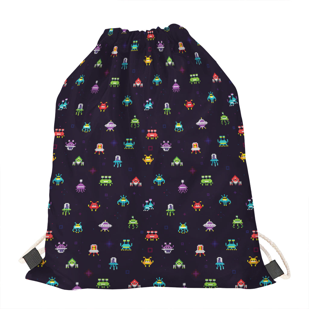 Pixel UFO Aliens Pattern Print Drawstring Bag