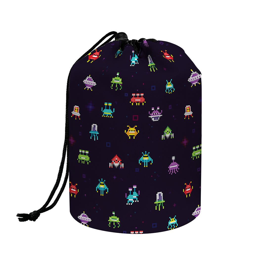 Pixel UFO Aliens Pattern Print Drawstring Makeup Bag
