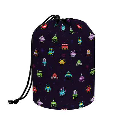 Pixel UFO Aliens Pattern Print Drawstring Makeup Bag