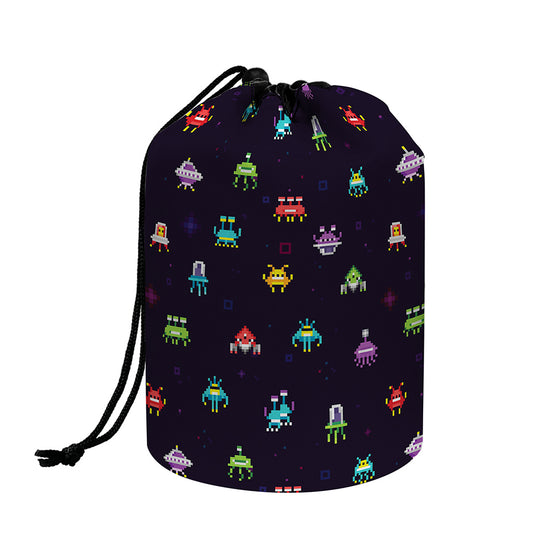 Pixel UFO Aliens Pattern Print Drawstring Makeup Bag