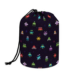 Pixel UFO Aliens Pattern Print Drawstring Makeup Bag