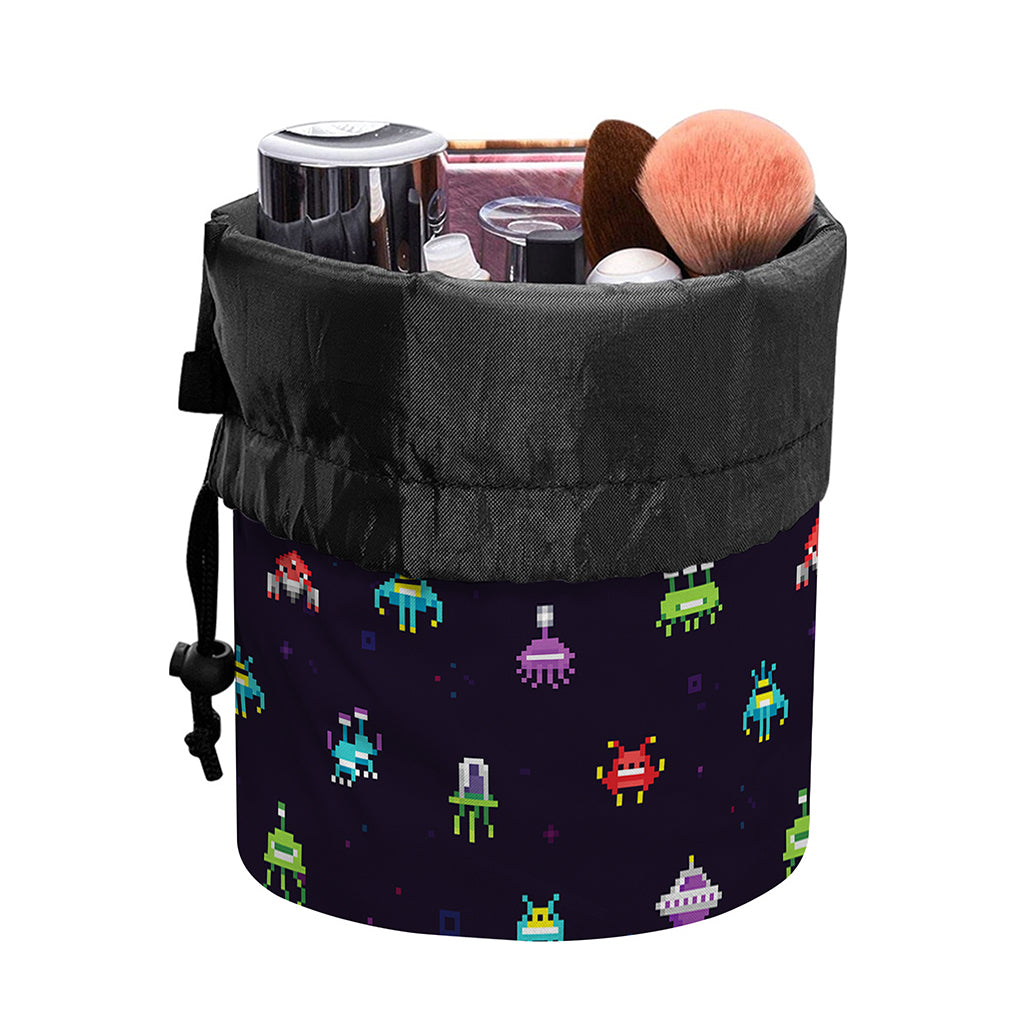 Pixel UFO Aliens Pattern Print Drawstring Makeup Bag