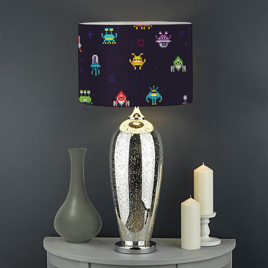 Pixel UFO Aliens Pattern Print Drum Lamp Shade