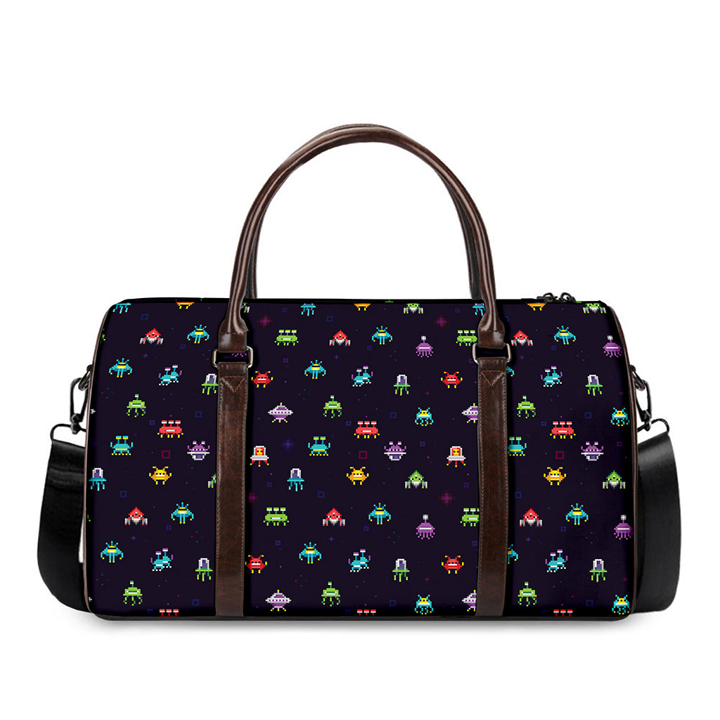 Pixel UFO Aliens Pattern Print Duffle Bag