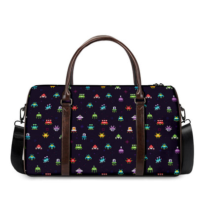 Pixel UFO Aliens Pattern Print Duffle Bag