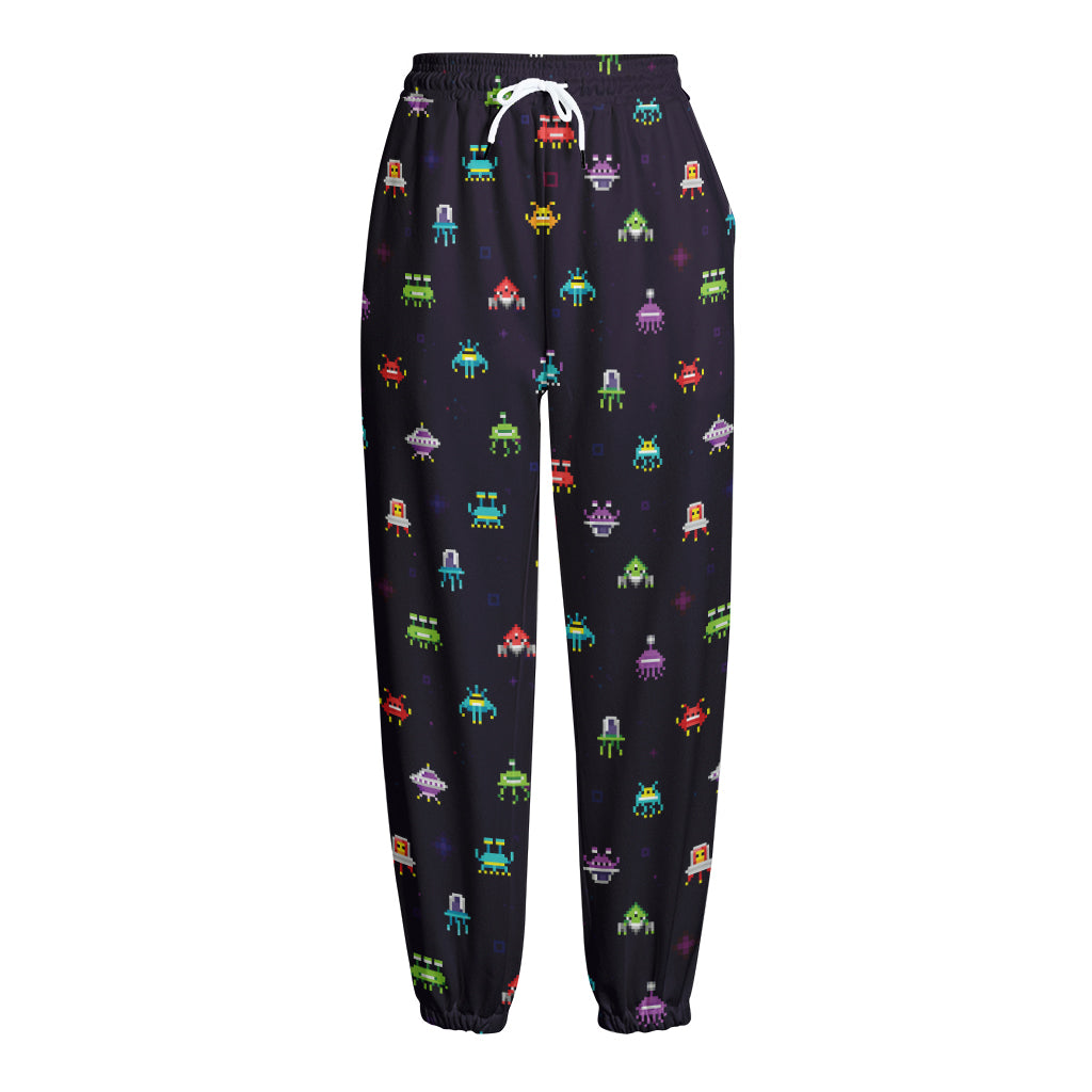 Pixel UFO Aliens Pattern Print Fleece Lined Knit Pants