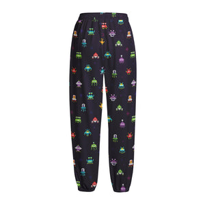 Pixel UFO Aliens Pattern Print Fleece Lined Knit Pants