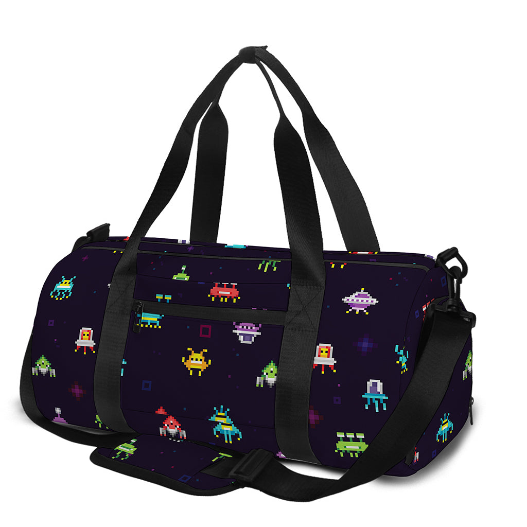 Pixel UFO Aliens Pattern Print Gym Bag