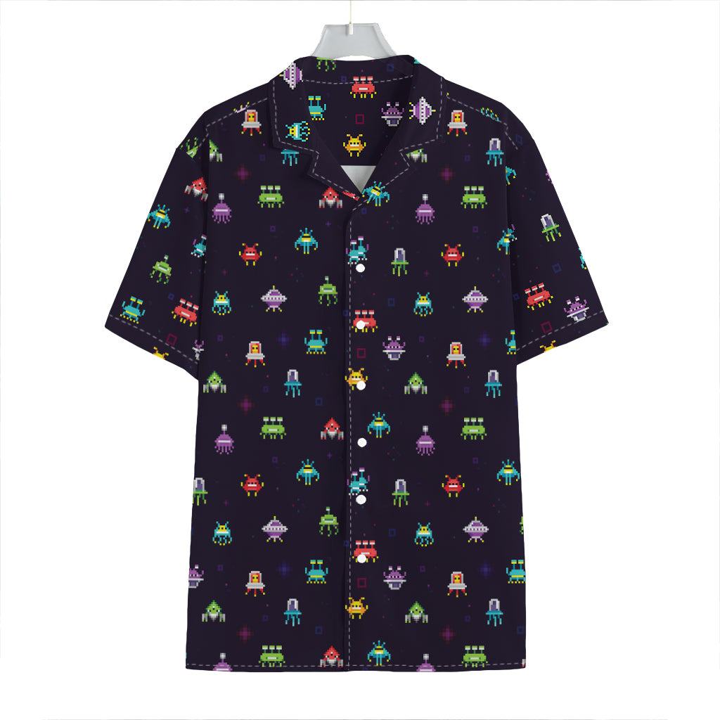 Pixel UFO Aliens Pattern Print Hawaiian Shirt