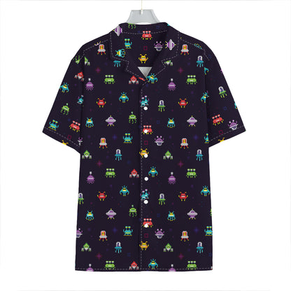 Pixel UFO Aliens Pattern Print Hawaiian Shirt