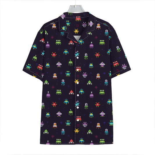 Pixel UFO Aliens Pattern Print Hawaiian Shirt