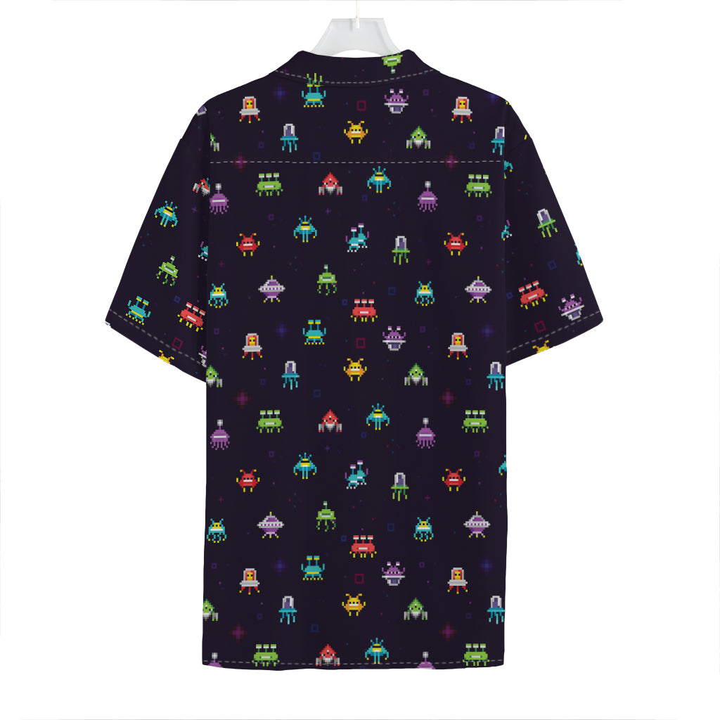 Pixel UFO Aliens Pattern Print Hawaiian Shirt
