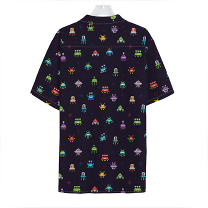 Pixel UFO Aliens Pattern Print Hawaiian Shirt