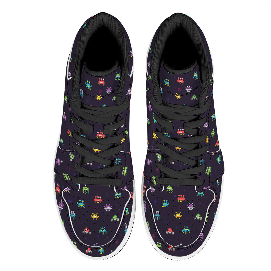 Pixel UFO Aliens Pattern Print High Top Leather Sneakers