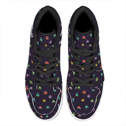 Pixel UFO Aliens Pattern Print High Top Leather Sneakers