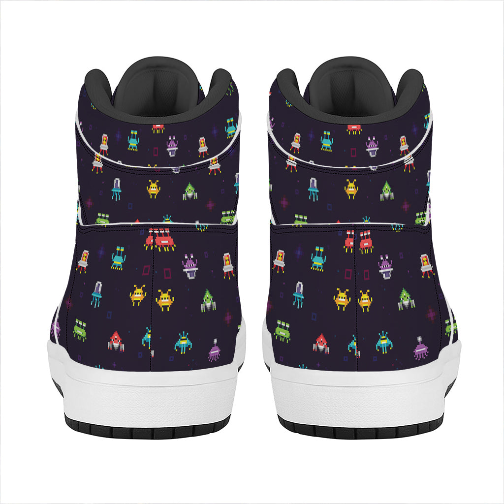 Pixel UFO Aliens Pattern Print High Top Leather Sneakers