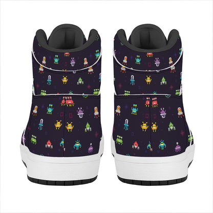 Pixel UFO Aliens Pattern Print High Top Leather Sneakers