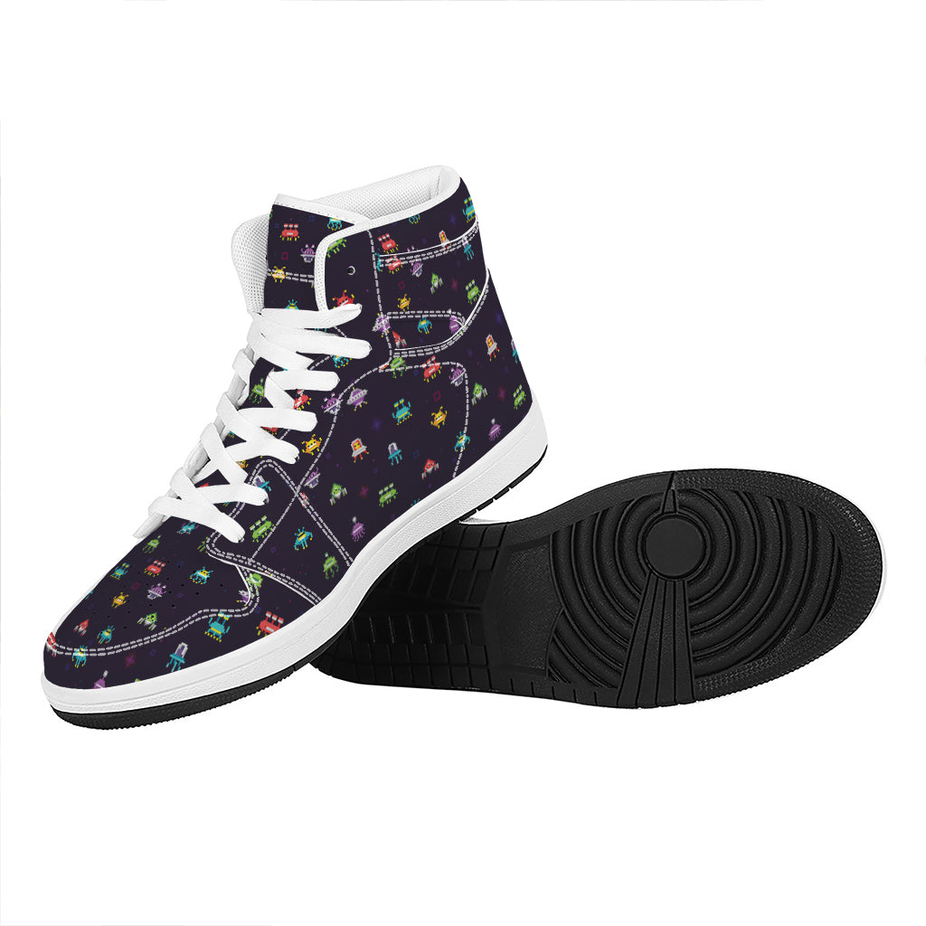 Pixel UFO Aliens Pattern Print High Top Leather Sneakers