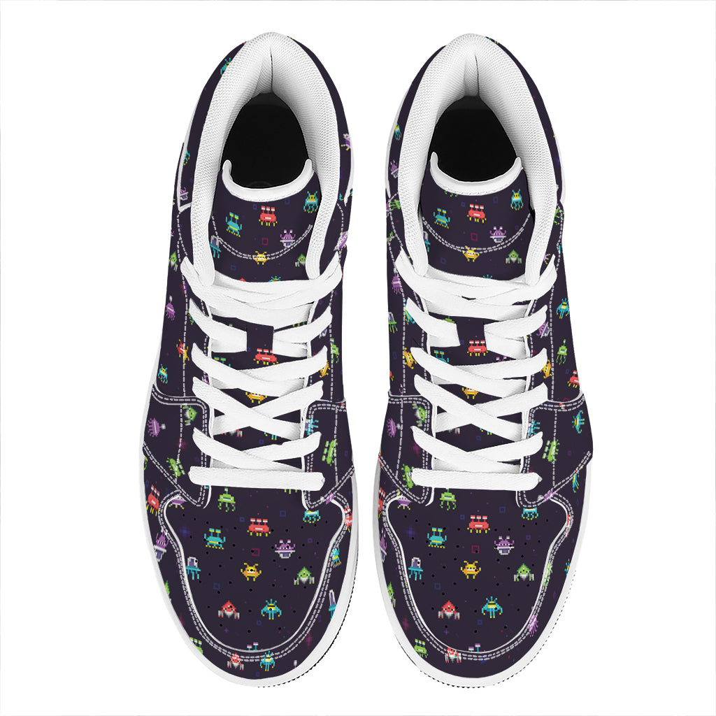Pixel UFO Aliens Pattern Print High Top Leather Sneakers
