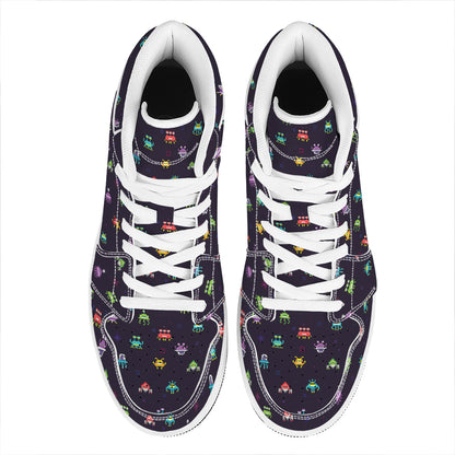 Pixel UFO Aliens Pattern Print High Top Leather Sneakers