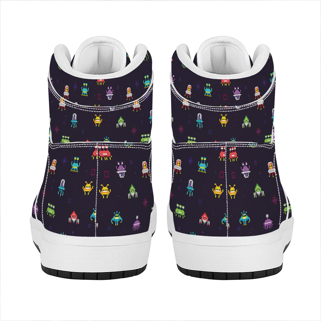 Pixel UFO Aliens Pattern Print High Top Leather Sneakers