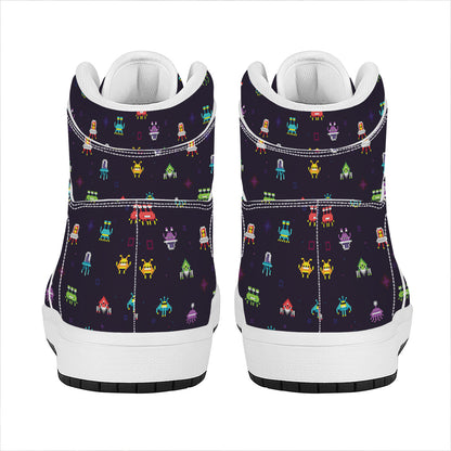 Pixel UFO Aliens Pattern Print High Top Leather Sneakers