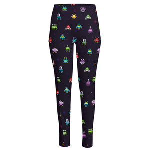 Pixel UFO Aliens Pattern Print High-Waisted Pocket Leggings