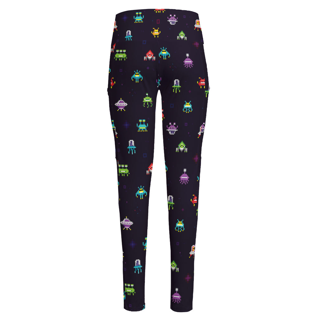 Pixel UFO Aliens Pattern Print High-Waisted Pocket Leggings