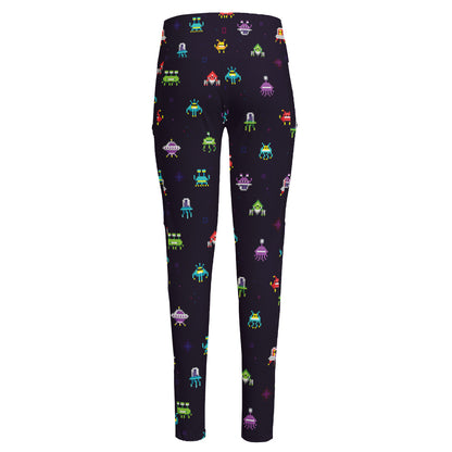 Pixel UFO Aliens Pattern Print High-Waisted Pocket Leggings