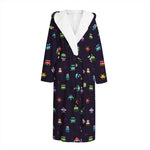 Pixel UFO Aliens Pattern Print Hooded Bathrobe