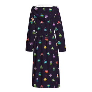 Pixel UFO Aliens Pattern Print Hooded Bathrobe