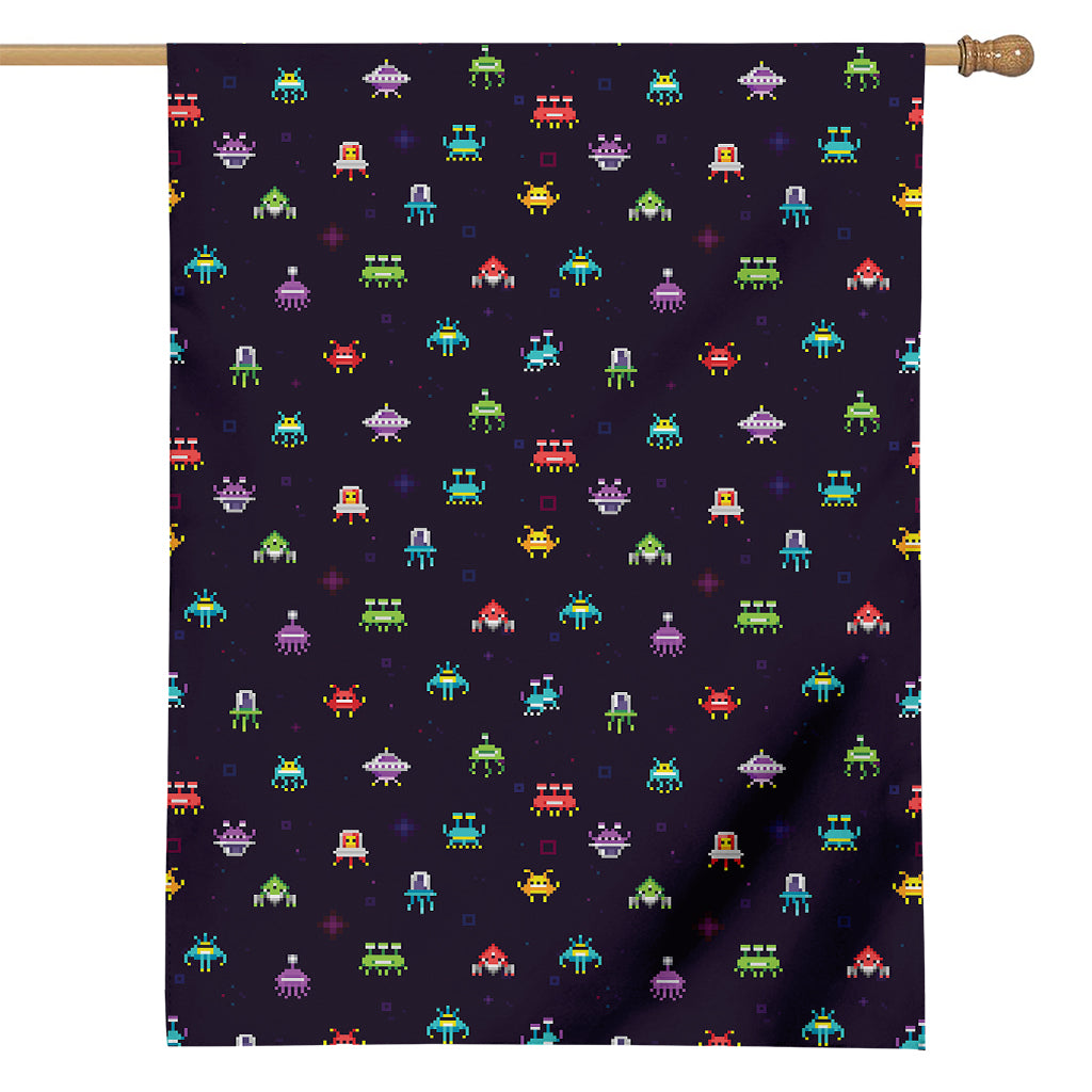 Pixel UFO Aliens Pattern Print House Flag