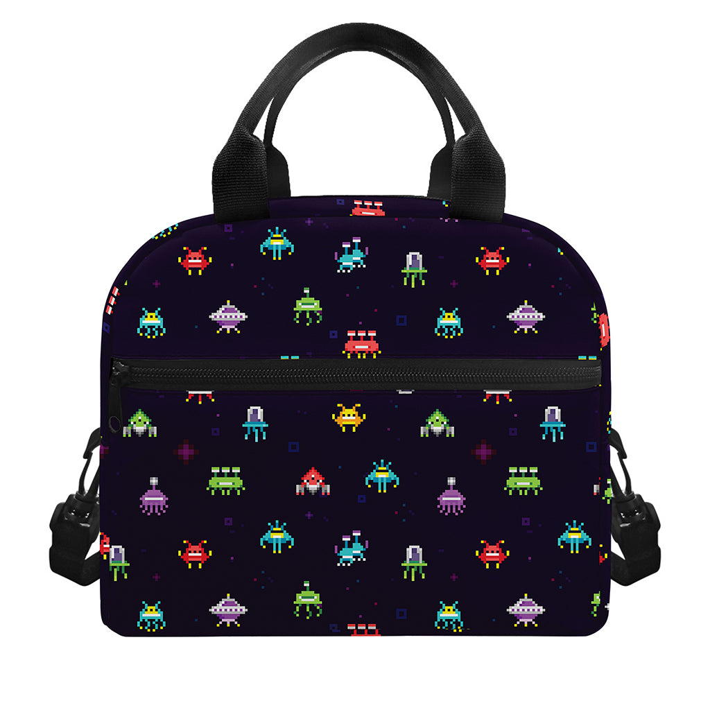 Pixel UFO Aliens Pattern Print Insulated Lunch Bag