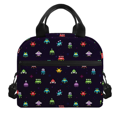 Pixel UFO Aliens Pattern Print Insulated Lunch Bag