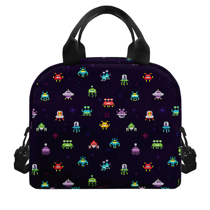 Pixel UFO Aliens Pattern Print Insulated Lunch Bag