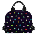 Pixel UFO Aliens Pattern Print Insulated Lunch Bag
