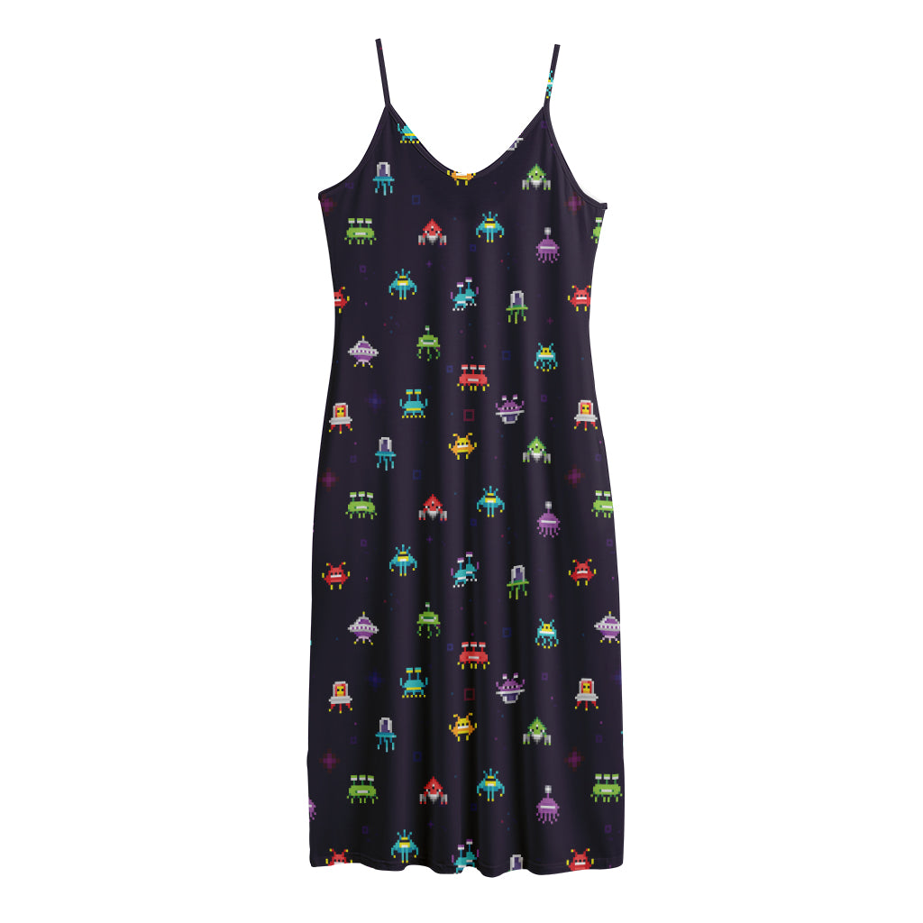 Pixel UFO Aliens Pattern Print Jersey Midi Cami Dress