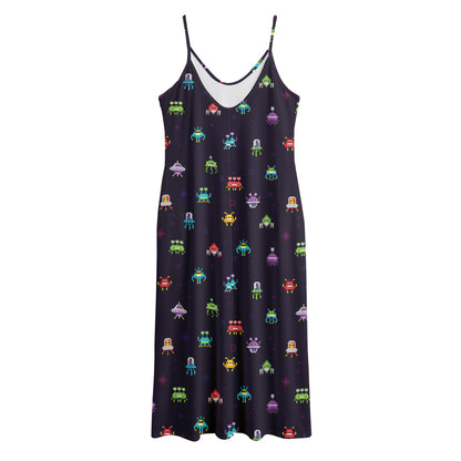 Pixel UFO Aliens Pattern Print Jersey Midi Cami Dress