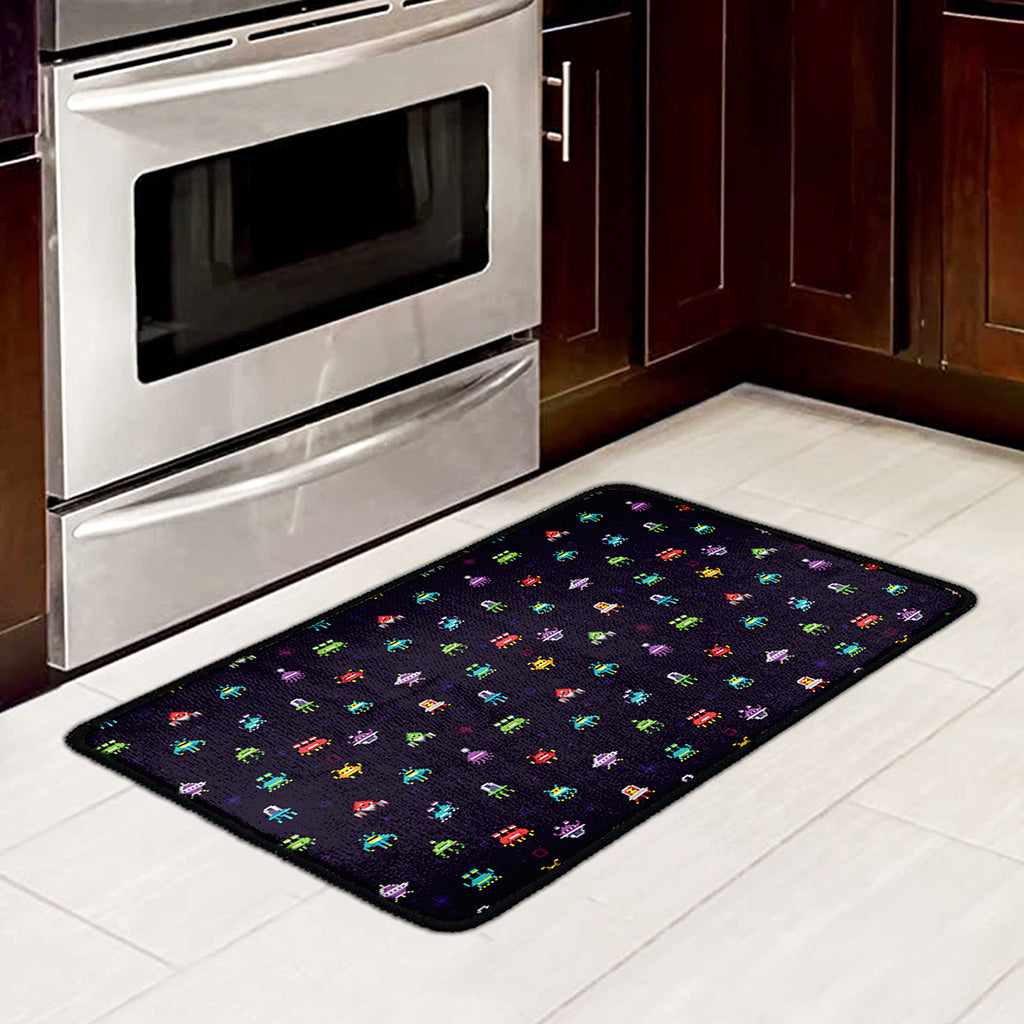 Pixel UFO Aliens Pattern Print Kitchen Mat