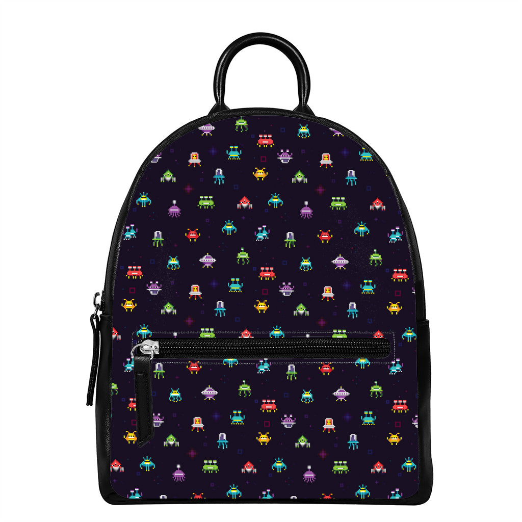 Pixel UFO Aliens Pattern Print Leather Backpack