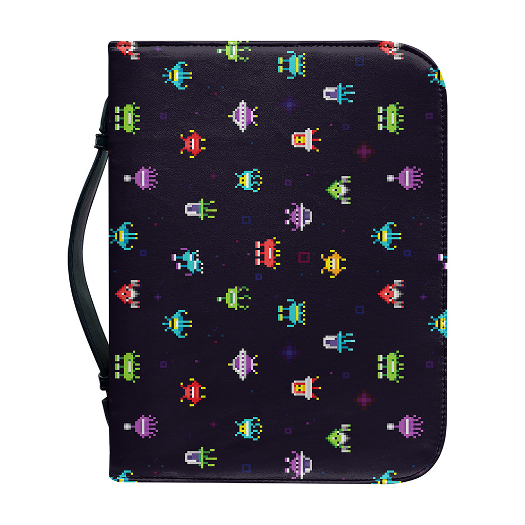 Pixel UFO Aliens Pattern Print Leather Bible Cover