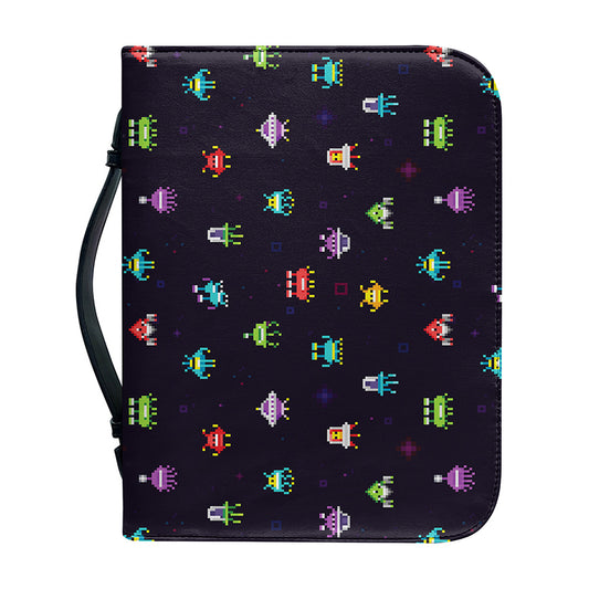 Pixel UFO Aliens Pattern Print Leather Bible Cover