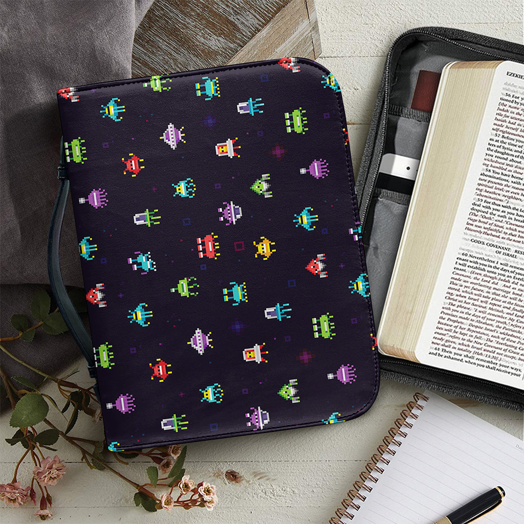 Pixel UFO Aliens Pattern Print Leather Bible Cover